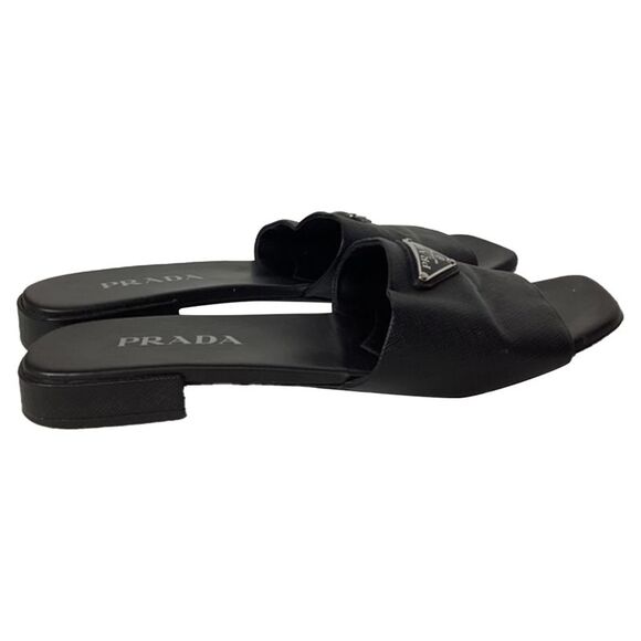 Prada Triangle-Logo Plaque Slide Flat Sandals in Black Leather - Picture 1 of 12